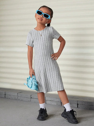 Young Girl Casual 1pc Summer / Fall Solid Split Thigh Ribbed Knit Tee Dress,Long Dress