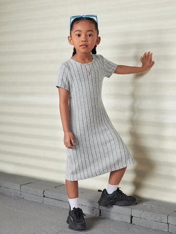 Young Girl Casual 1pc Summer / Fall Solid Split Thigh Ribbed Knit Tee Dress,Long Dress