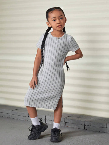 Young Girl Casual 1pc Summer / Fall Solid Split Thigh Ribbed Knit Tee Dress,Long Dress