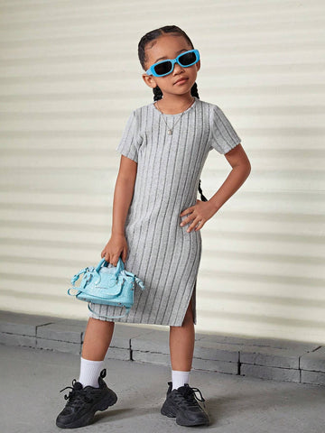 Young Girl Casual 1pc Summer / Fall Solid Split Thigh Ribbed Knit Tee Dress,Long Dress