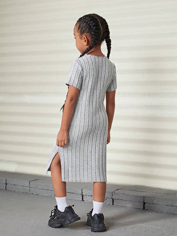 Young Girl Casual 1pc Summer / Fall Solid Split Thigh Ribbed Knit Tee Dress,Long Dress