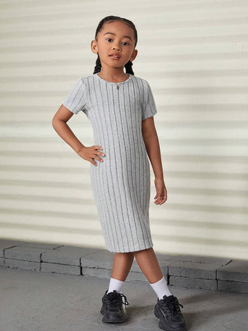 Young Girl Casual 1pc Summer / Fall Solid Split Thigh Ribbed Knit Tee Dress,Long Dress