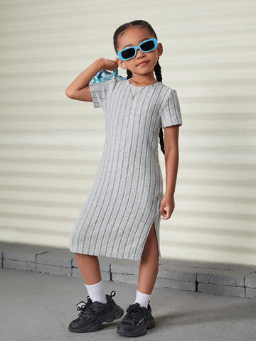 Young Girl Casual 1pc Summer / Fall Solid Split Thigh Ribbed Knit Tee Dress,Long Dress