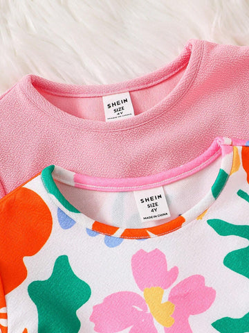 Young Girl Casual 2pcs Cute Colorful Floral/Flower Pattern & Solid Color Knitted Dress