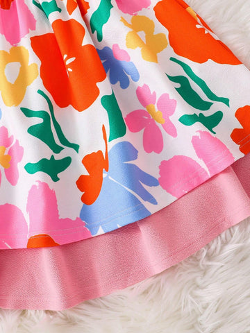 Young Girl Casual 2pcs Cute Colorful Floral/Flower Pattern & Solid Color Knitted Dress