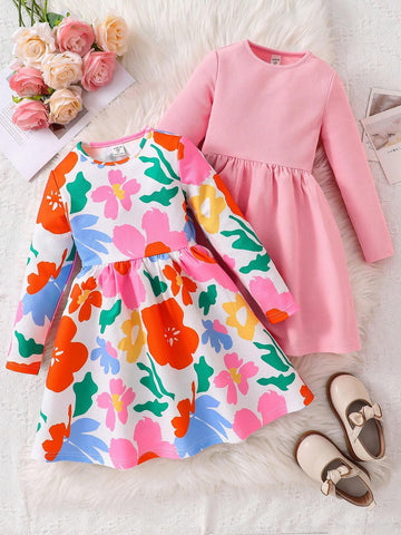 Young Girl Casual 2pcs Cute Colorful Floral/Flower Pattern & Solid Color Knitted Dress