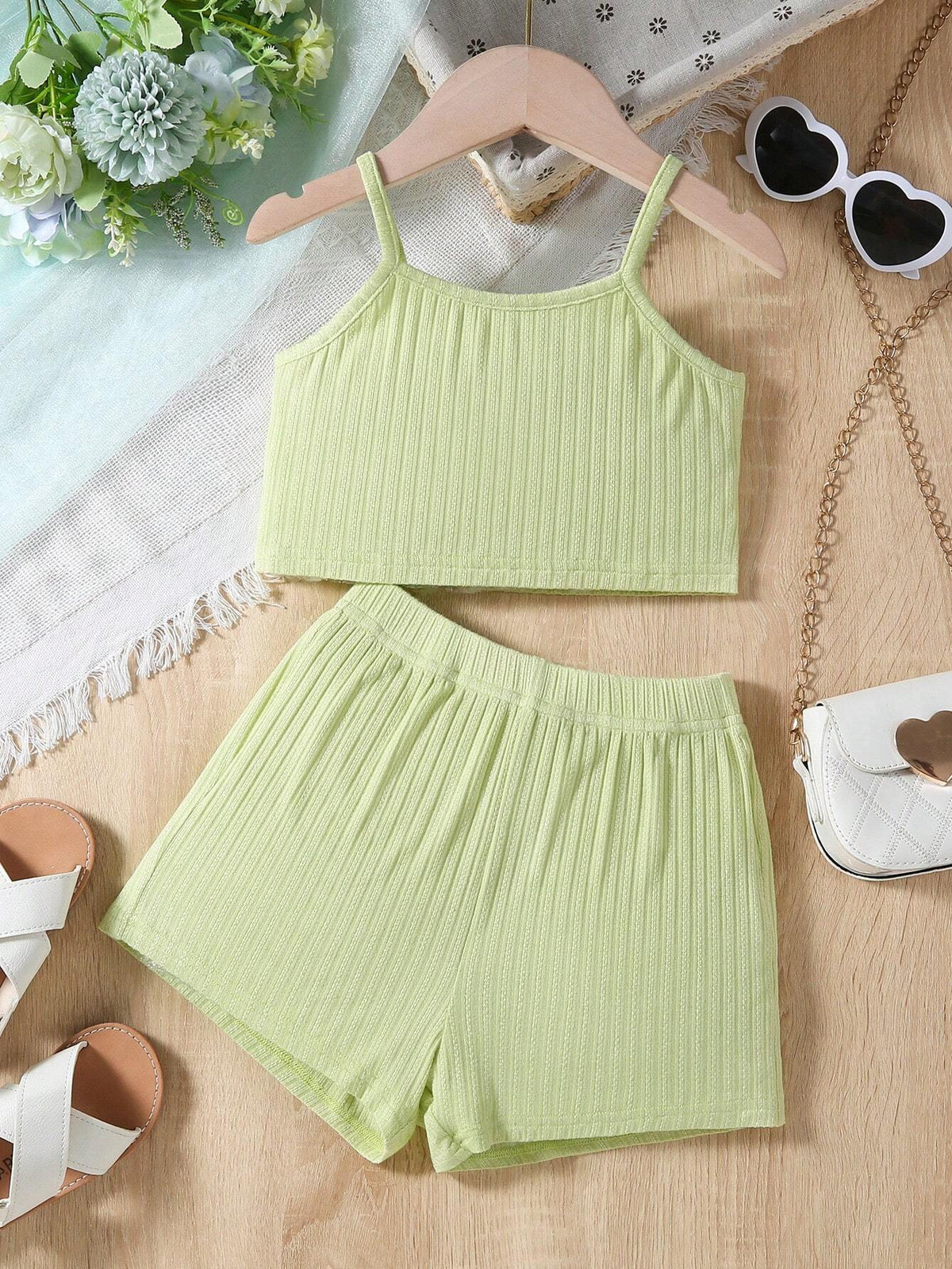 Young Girl Casual And Comfortable Pure Color Tank Top And Shorts Summer 2-Piece Set
