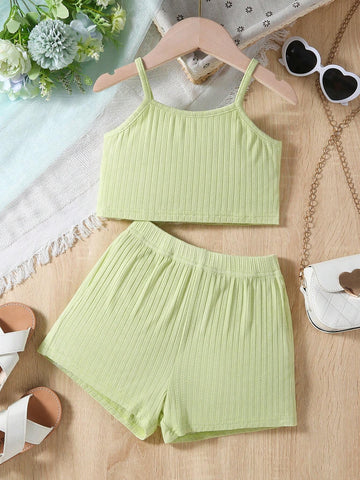 Young Girl Casual And Comfortable Pure Color Tank Top And Shorts Summer 2-Piece Set