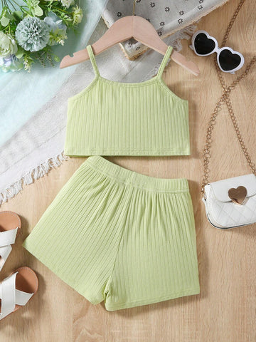 Young Girl Casual And Comfortable Pure Color Tank Top And Shorts Summer 2-Piece Set