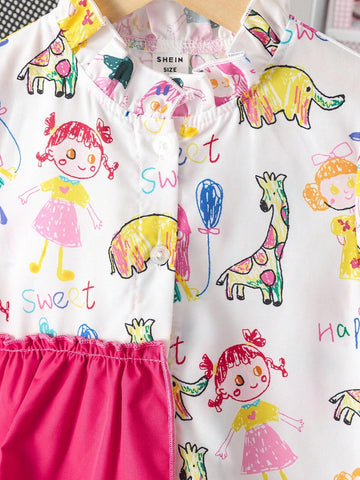 Young Girl Casual And Cute Pink Knee-Length Dress With Ruffle Collar, Interesting Cartoon Hand-Drawn Graffiti Pattern And Asymmetric Patchwork Design, Suitable For Summer, Autumn, Birthday Gift, Party, Or Family Travel