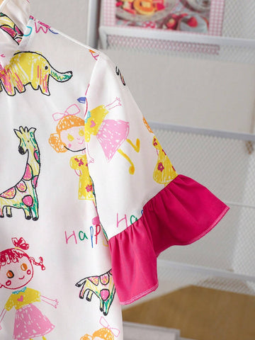 Young Girl Casual And Cute Pink Knee-Length Dress With Ruffle Collar, Interesting Cartoon Hand-Drawn Graffiti Pattern And Asymmetric Patchwork Design, Suitable For Summer, Autumn, Birthday Gift, Party, Or Family Travel