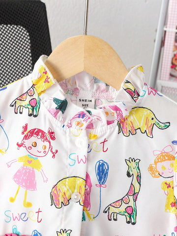 Young Girl Casual And Cute Pink Knee-Length Dress With Ruffle Collar, Interesting Cartoon Hand-Drawn Graffiti Pattern And Asymmetric Patchwork Design, Suitable For Summer, Autumn, Birthday Gift, Party, Or Family Travel