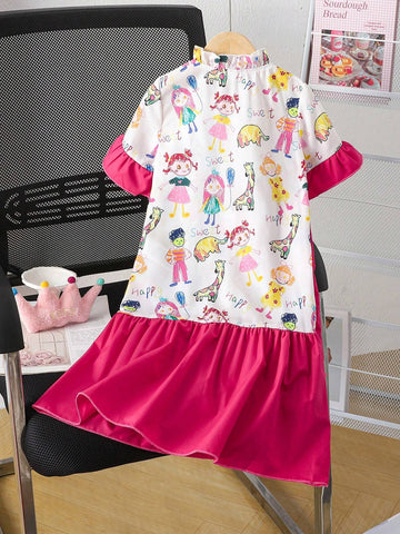 Young Girl Casual And Cute Pink Knee-Length Dress With Ruffle Collar, Interesting Cartoon Hand-Drawn Graffiti Pattern And Asymmetric Patchwork Design, Suitable For Summer, Autumn, Birthday Gift, Party, Or Family Travel