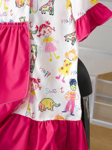 Young Girl Casual And Cute Pink Knee-Length Dress With Ruffle Collar, Interesting Cartoon Hand-Drawn Graffiti Pattern And Asymmetric Patchwork Design, Suitable For Summer, Autumn, Birthday Gift, Party, Or Family Travel