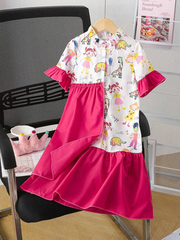 Young Girl Casual And Cute Pink Knee-Length Dress With Ruffle Collar, Interesting Cartoon Hand-Drawn Graffiti Pattern And Asymmetric Patchwork Design, Suitable For Summer, Autumn, Birthday Gift, Party, Or Family Travel