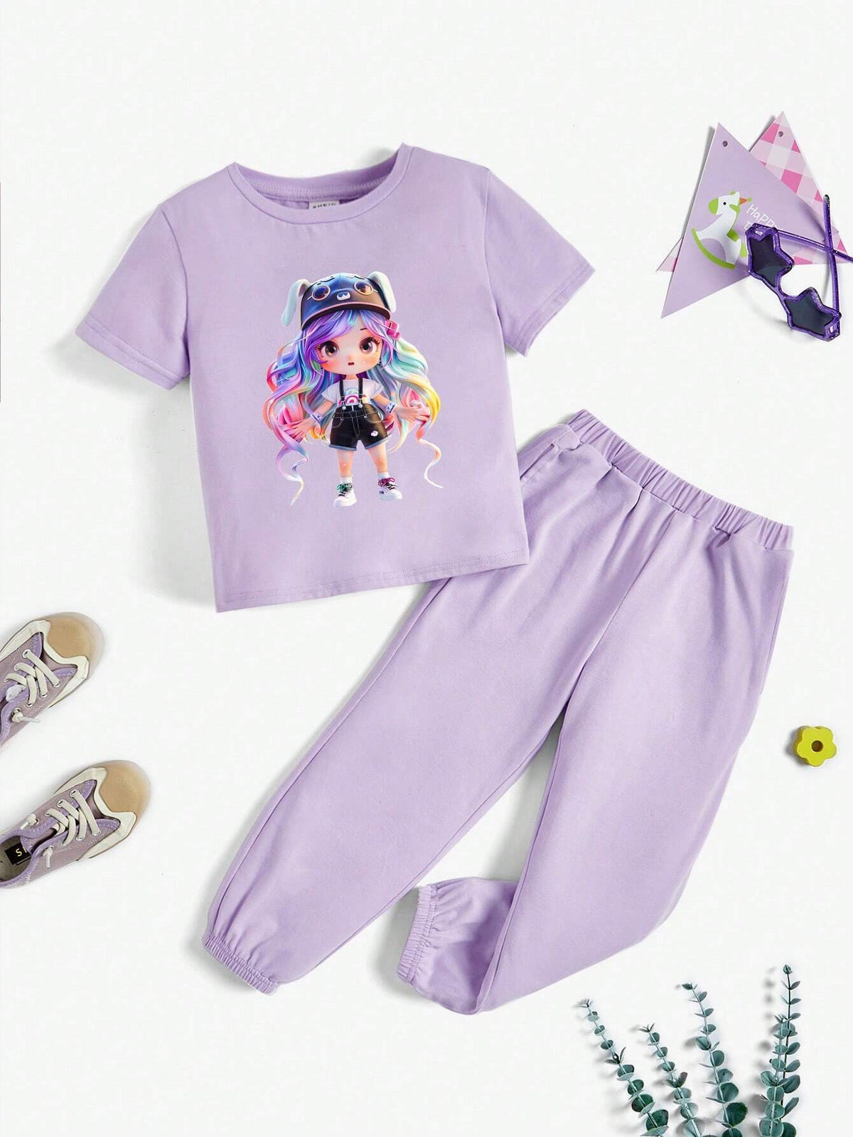 Young Girl Casual And Simple Cartoon Girl Pattern Round Neck Pullover Short Sleeve And Long Pants Two-Piece Set Suitable For Summer