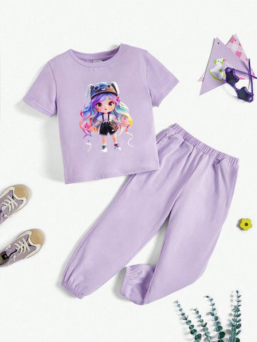 Young Girl Casual And Simple Cartoon Girl Pattern Round Neck Pullover Short Sleeve And Long Pants Two-Piece Set Suitable For Summer