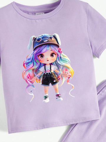Young Girl Casual And Simple Cartoon Girl Pattern Round Neck Pullover Short Sleeve And Long Pants Two-Piece Set Suitable For Summer