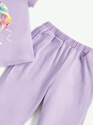 Young Girl Casual And Simple Cartoon Girl Pattern Round Neck Pullover Short Sleeve And Long Pants Two-Piece Set Suitable For Summer