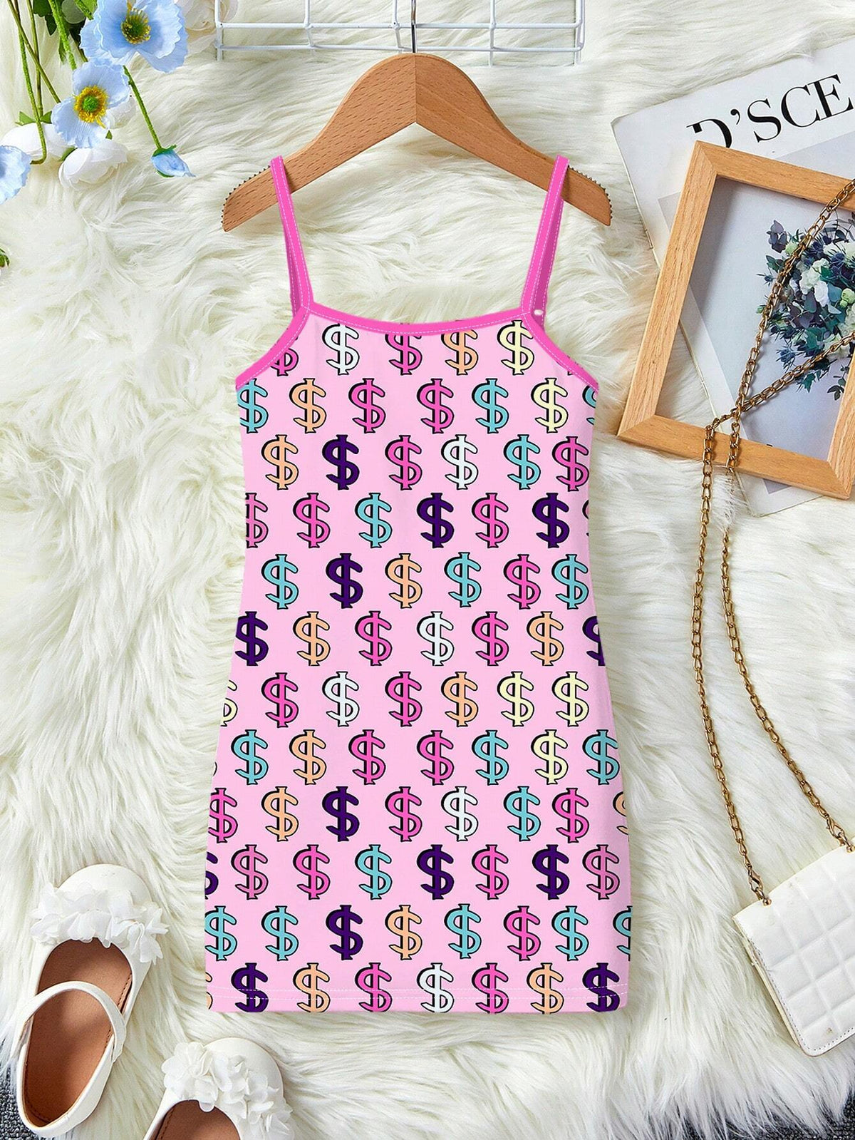 Young Girl Casual And Simple Cartoon Logo Pattern Sleeveless Midi Dress, Suitable For Summer