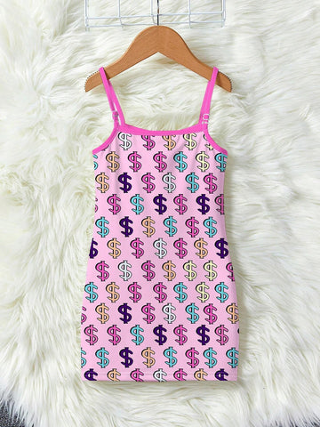 Young Girl Casual And Simple Cartoon Logo Pattern Sleeveless Midi Dress, Suitable For Summer
