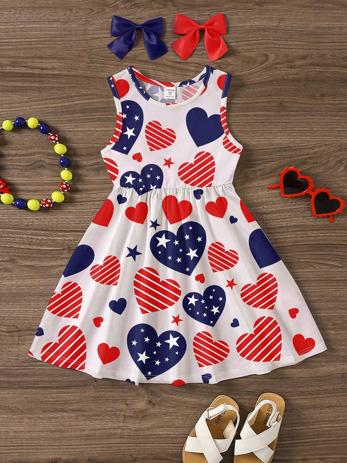Young Girl Casual And Simple Love Heart Pattern Sleeveless Mid-Length Dress Is Suitable For Summer