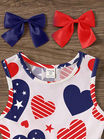 Young Girl Casual And Simple Love Heart Pattern Sleeveless Mid-Length Dress Is Suitable For Summer