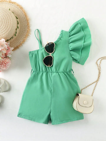 Young Girl Casual Asymmetrical Neck Ruffle Detail Jumpsuit With Waist Belt, Summer
