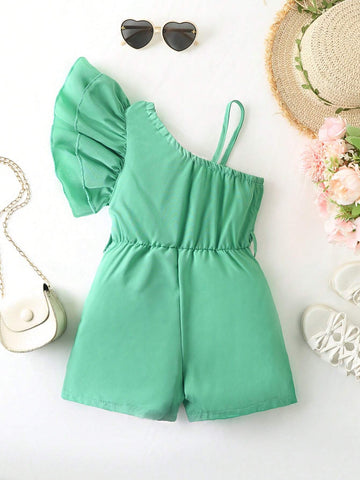 Young Girl Casual Asymmetrical Neck Ruffle Detail Jumpsuit With Waist Belt, Summer