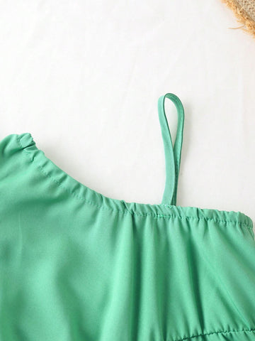 Young Girl Casual Asymmetrical Neck Ruffle Detail Jumpsuit With Waist Belt, Summer