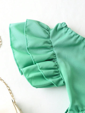 Young Girl Casual Asymmetrical Neck Ruffle Detail Jumpsuit With Waist Belt, Summer