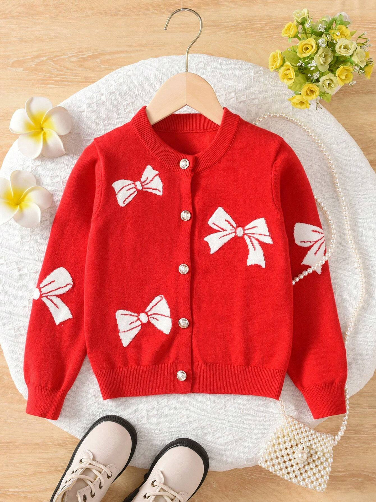 Young Girl Casual Bow Pattern Cardigan, Suitable For Everyday Wear In Spring, Autumn And Winter