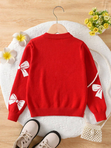 Young Girl Casual Bow Pattern Cardigan, Suitable For Everyday Wear In Spring, Autumn And Winter