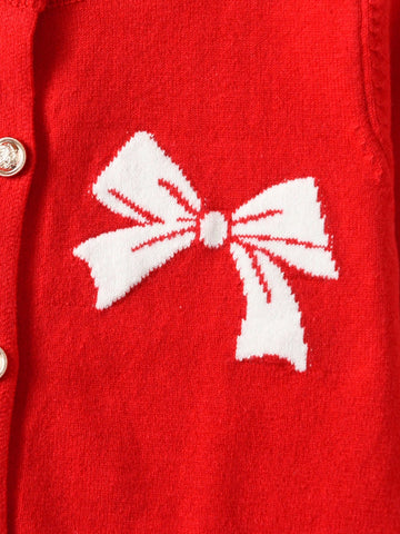 Young Girl Casual Bow Pattern Cardigan, Suitable For Everyday Wear In Spring, Autumn And Winter