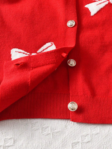 Young Girl Casual Bow Pattern Cardigan, Suitable For Everyday Wear In Spring, Autumn And Winter