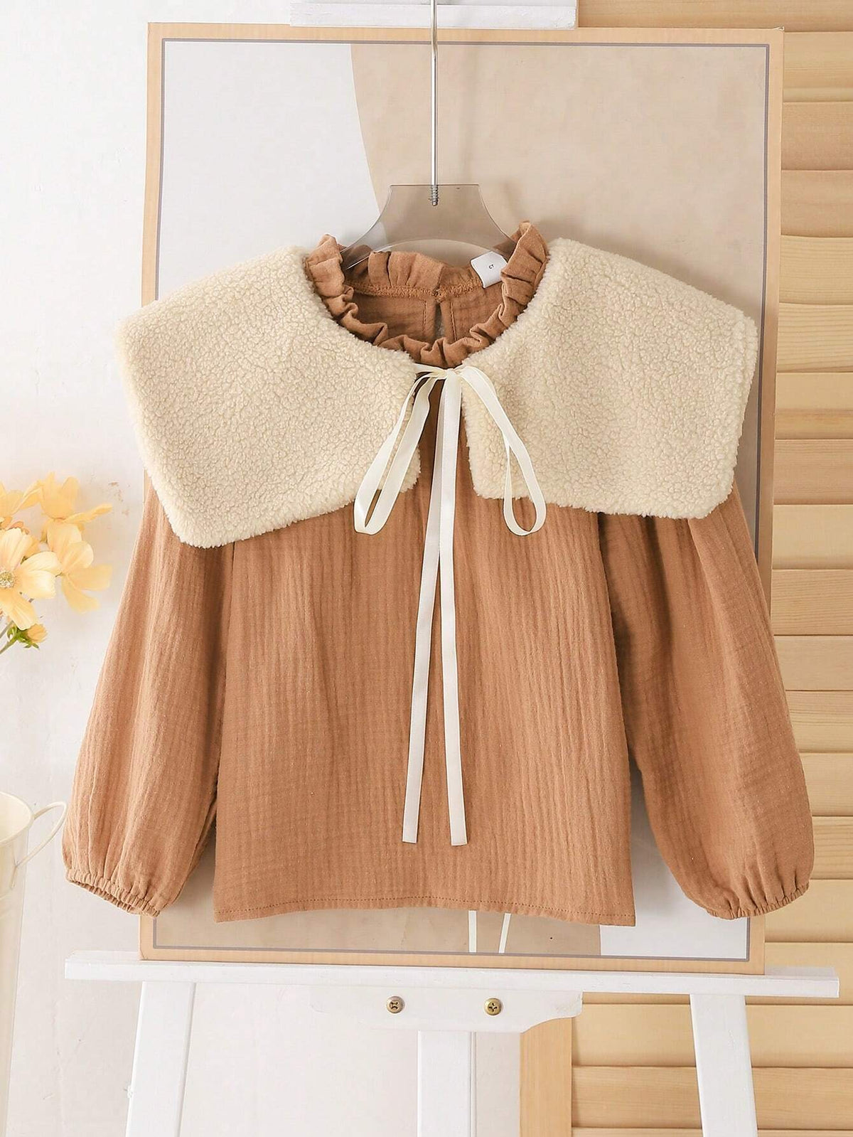 Young Girl Casual Brown Double Layer Chiffon Long Sleeve Shirt With Detachable Faux Fur Collar, Suitable For Autumn/Winter