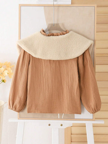 Young Girl Casual Brown Double Layer Chiffon Long Sleeve Shirt With Detachable Faux Fur Collar, Suitable For Autumn/Winter