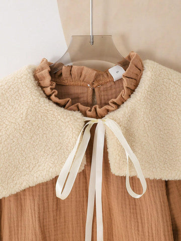 Young Girl Casual Brown Double Layer Chiffon Long Sleeve Shirt With Detachable Faux Fur Collar, Suitable For Autumn/Winter