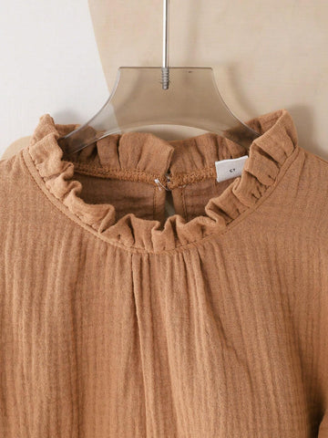 Young Girl Casual Brown Double Layer Chiffon Long Sleeve Shirt With Detachable Faux Fur Collar, Suitable For Autumn/Winter