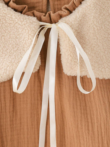 Young Girl Casual Brown Double Layer Chiffon Long Sleeve Shirt With Detachable Faux Fur Collar, Suitable For Autumn/Winter