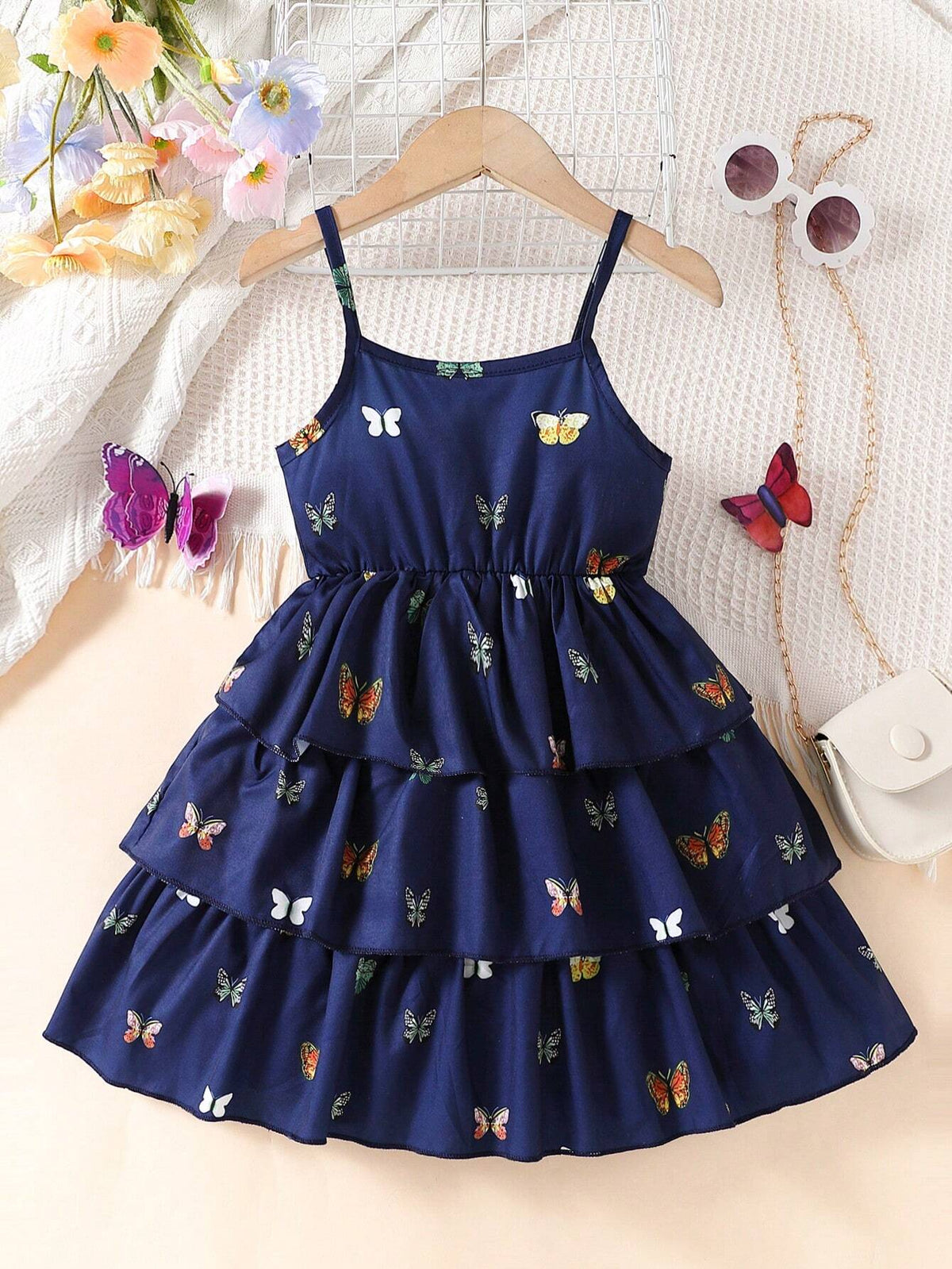 Young Girl Casual Butterfly Allover Print Ruffle Hem Cake Dress With Spaghetti Straps Suitable For Summer, Outdoor, Leisure, Travel, Vacation, And Party
