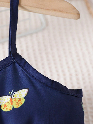 Young Girl Casual Butterfly Allover Print Ruffle Hem Cake Dress With Spaghetti Straps Suitable For Summer, Outdoor, Leisure, Travel, Vacation, And Party