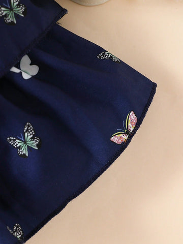 Young Girl Casual Butterfly Allover Print Ruffle Hem Cake Dress With Spaghetti Straps Suitable For Summer, Outdoor, Leisure, Travel, Vacation, And Party
