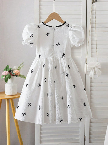 Young Girl Casual Butterfly Printed Puff Sleeve Dress, Spring/Summer