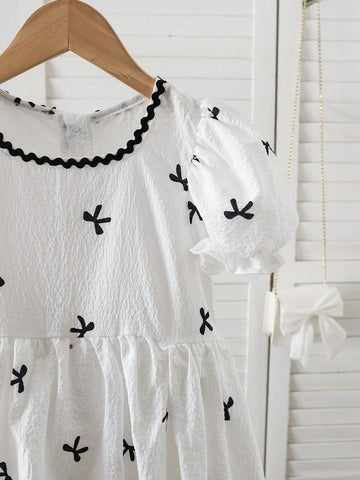 Young Girl Casual Butterfly Printed Puff Sleeve Dress, Spring/Summer