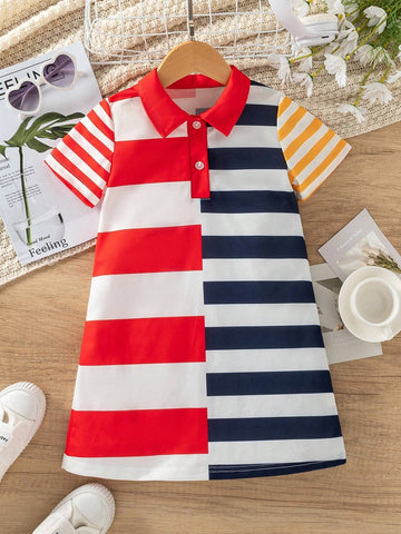 Young Girl Casual Campus Style Knitted Striped Asymmetric Polo Dress, Suitable For Spring And Summer, School Season, Graduation Ceremony