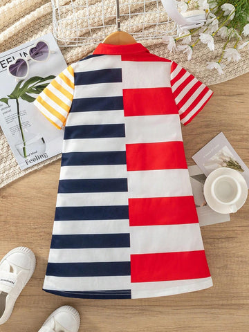 Young Girl Casual Campus Style Knitted Striped Asymmetric Polo Dress, Suitable For Spring And Summer, School Season, Graduation Ceremony