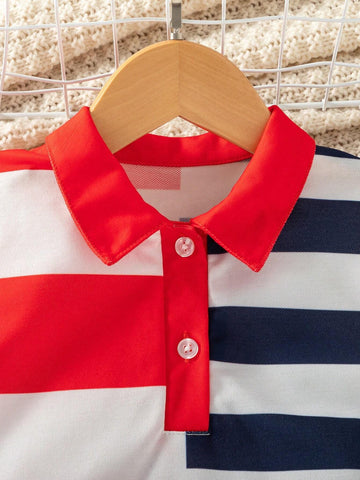 Young Girl Casual Campus Style Knitted Striped Asymmetric Polo Dress, Suitable For Spring And Summer, School Season, Graduation Ceremony
