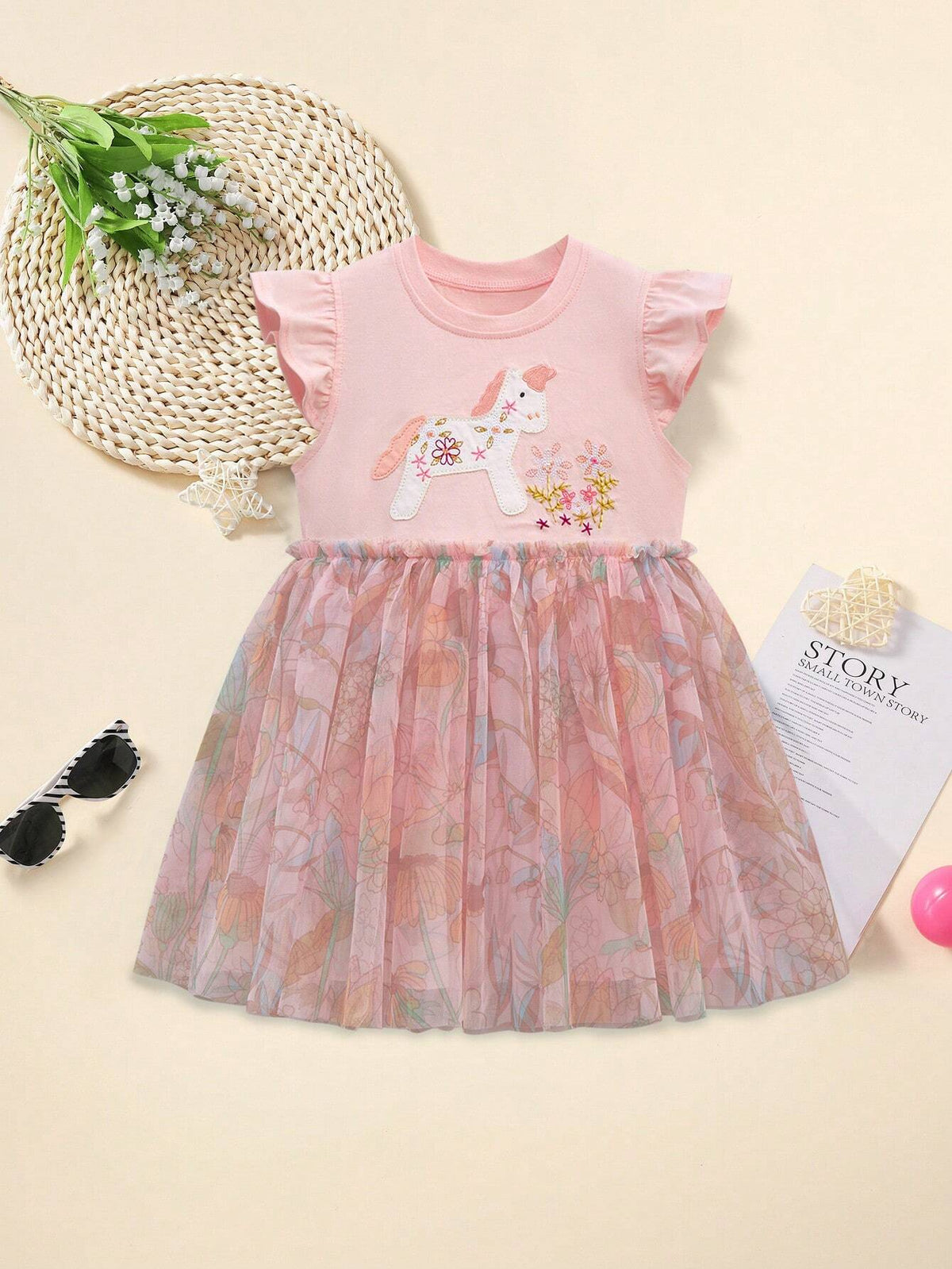 Young Girl Casual Cap Sleeve Mesh Dress Cartoon Unicorn Embroidered Pattern Digital Mesh & Print Craft Summer Breathable Style