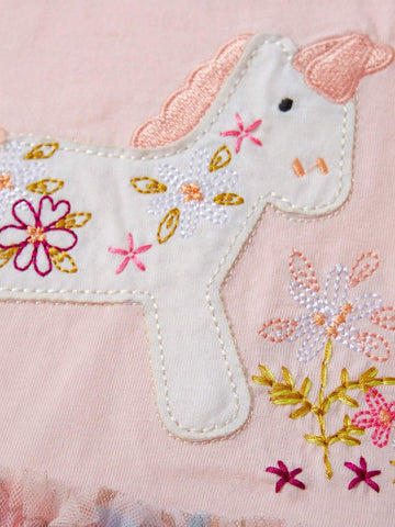 Young Girl Casual Cap Sleeve Mesh Dress Cartoon Unicorn Embroidered Pattern Digital Mesh & Print Craft Summer Breathable Style